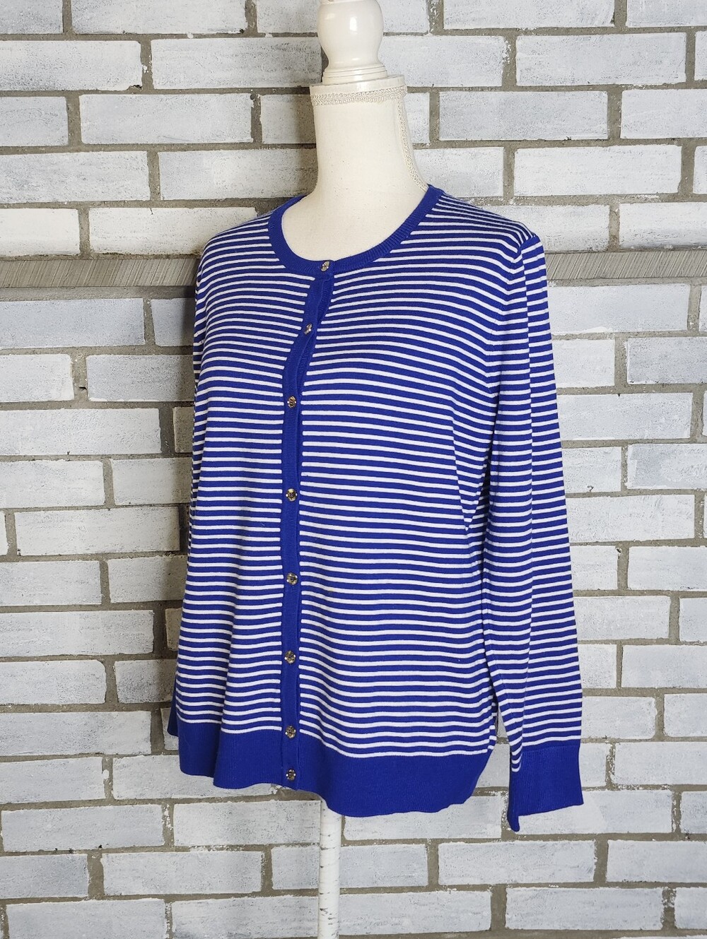 Jones New York Women's Long Sleeve Button Up Knit Cardigan Size XL Blue White